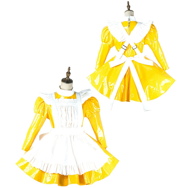 Fondcosplay Lockable Yellow Thin PVC Sissy Maid Crossdressing Dress with White Apron [G2144]