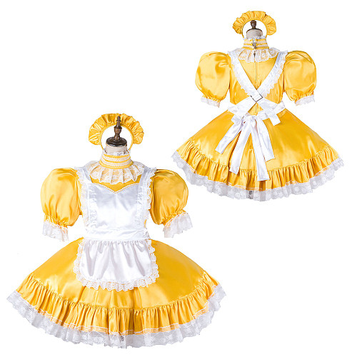 Fondcosplay Lockable Yellow Satin Sissy Maid Crossdressing Dress with White Lace Apron [G2148]