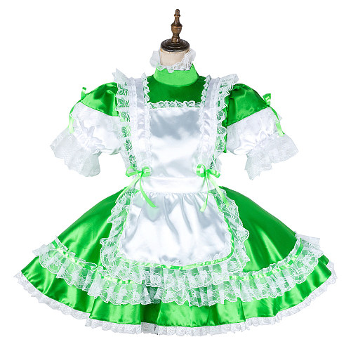 Handmade Sissy Maid Dress – Lockable Green Satin French Maid Costume [G2040]