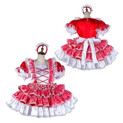 Handmade Sissy Maid Dress – Lockable Red & White Satin French Maid Costume [G2120]