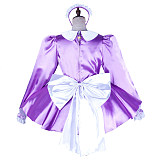 Lockable Sissy Maid Dress for Crossdressing – Lavender Satin with White Apron & Big Bow [G2036]