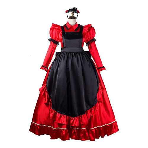 Fondcosplay Lockable Red Satin Long Sissy Maid Crossdressing Dress with Black Apron [G2156]