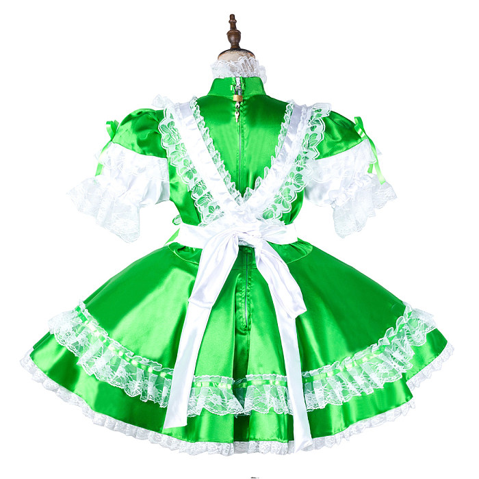 Handmade Sissy Maid Dress for Crossdressing  Lockable Green Satin French  Maid Costume [G2040]