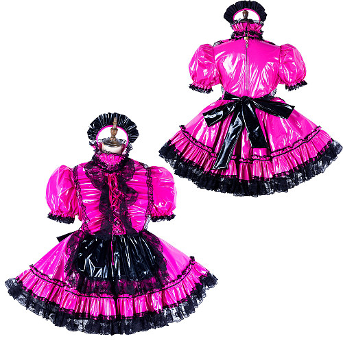 Fondcosplay Lockable Shiny Pink Thin PVC & Black Lace Sissy Maid Crossdressing Dress [G2135]