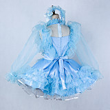 Handmade Sissy Maid Dress – Lockable Blue Satin & Organza French Maid Costume [G2044]