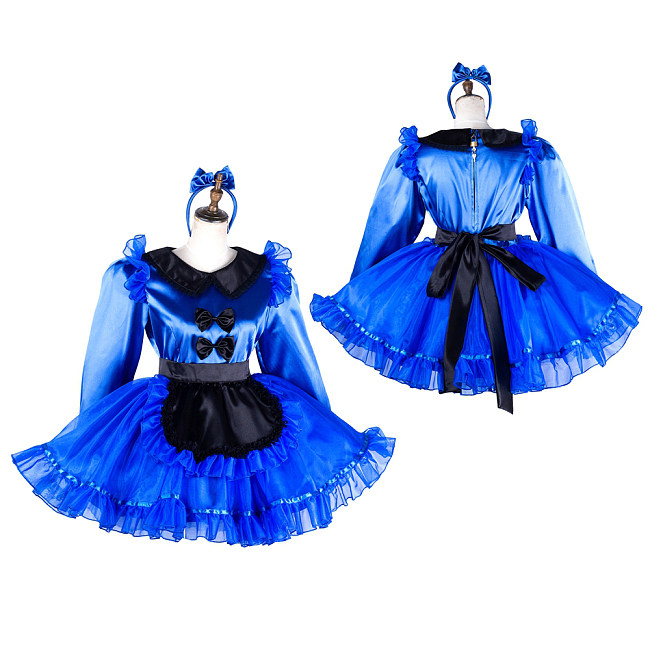 Lockable Sissy Maid Dress for Crossdressing – Royal Blue Satin & Organza with Black Apron [G2035]