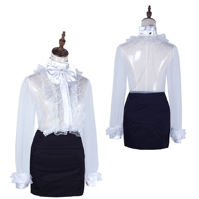 Handmade Sissy Lockable Blouse and Skirt Set – White Organza & Satin Top with Black Skirt [G2064]