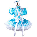 Handmade Sissy Maid Dress – Lockable Blue & White Satin French Maid Costume [G2118]