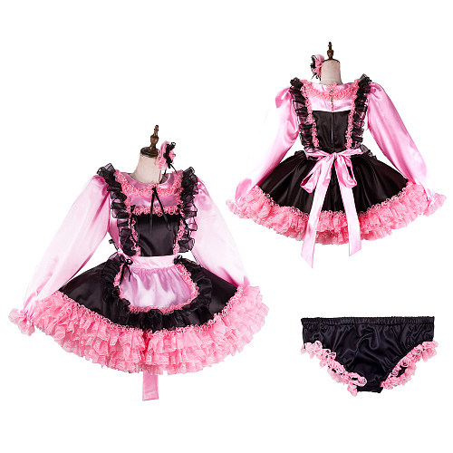 Handmade Sissy Maid Dress – Lockable Black & Pink Satin French Maid Costume with Optional Panties [G2121]