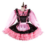 Handmade Sissy Maid Dress – Lockable Black & Pink Satin French Maid Costume with Optional Panties [G2121]