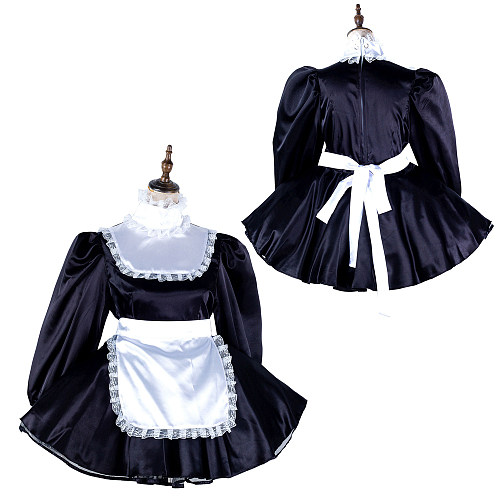 Fondcosplay Lockable Black Satin French Sissy Maid Crossdressing Dress with White Apron [G2136]