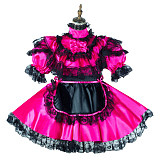Fondcosplay Lockable Hot Pink Satin & Black Lace Sissy Maid Crossdressing Dress [G2147]