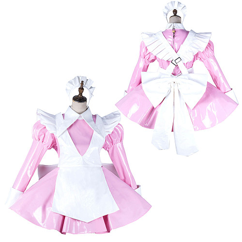Fondcosplay Lockable Pink Heavy PVC Sissy Maid Crossdressing Dress with White Apron [G2141]