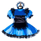 Handmade Sissy Maid Dress – Lockable Blue & Black Satin French Maid Costume [G2046]