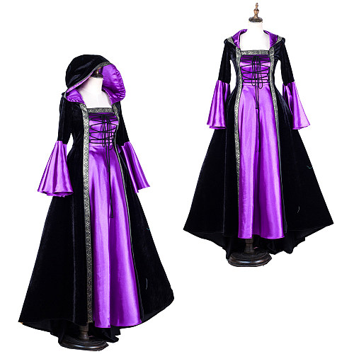 Handmade Satin and Velvet Hooded Medieval Gown in Black and Purple [G2048]