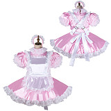 Fondcosplay Lockable Pink Satin Sissy Maid Crossdressing Dress with White Lace Apron [G2146]