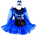 Lockable Sissy Maid Dress for Crossdressing – Royal Blue Satin & Organza with Black Apron [G2035]
