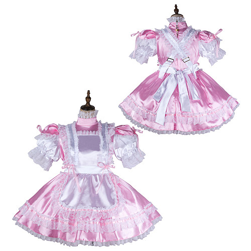 Fondcosplay Lockable Pink Satin Sissy Maid Crossdressing Dress with White Lace Apron [G2145]
