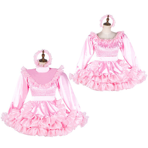 Handmade Sissy Maid Dress – Lockable Pink Satin French Maid Costume [G2041]