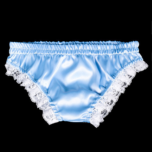 Handmade Sissy Satin Panties – Blue Satin with White Lace Trim [G2061]