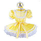 Handmade Sissy Maid Dress – Lockable Yellow & White Satin French Maid Costume with Optional Petticoat and Panties [G2053]