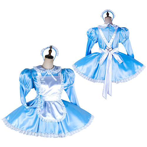 Handmade Sissy Maid Dress – Lockable Blue Satin French Maid Costume [G2037]