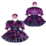 Fondcosplay Lockable Black Satin & Purple Polka Dot Sissy Maid Crossdressing Dress [G2132]