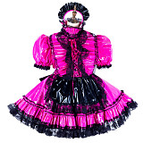 Fondcosplay Lockable Shiny Pink Thin PVC & Black Lace Sissy Maid Crossdressing Dress [G2135]