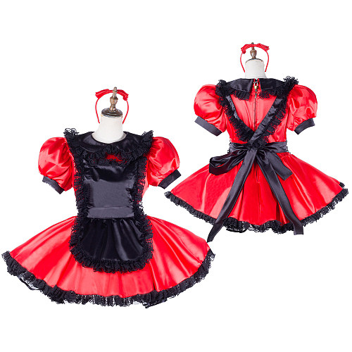 Handmade Sissy Maid Dress – Lockable Red & Black Satin French Maid Costume [G2047]