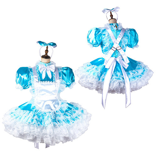 Handmade Sissy Maid Dress – Lockable Blue & White Satin French Maid Costume [G2118]