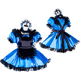 Handmade Sissy Maid Dress – Lockable Blue & Black Satin French Maid Costume [G2046]