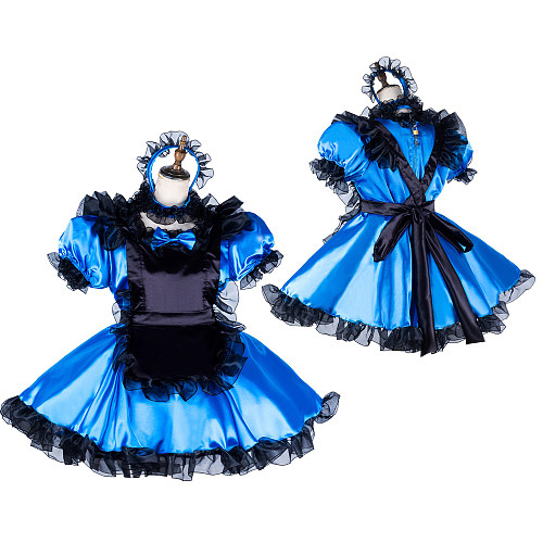 Handmade Sissy Maid Dress – Lockable Blue & Black Satin French Maid Costume [G2046]
