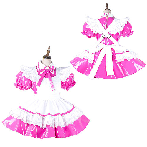 Fondcosplay Lockable Shiny Pink Thin PVC Sissy Maid Crossdressing Dress with White Ruffle Apron [G2139]