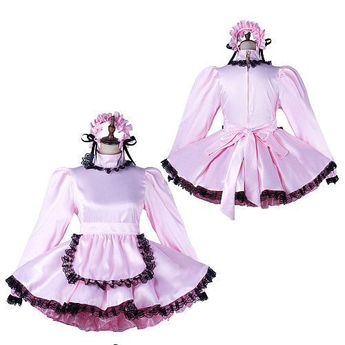 fondcosplay Lockable Satin Pink Sissy Maid Crossdressing Dress with Black Lace and Headpiece [G2197]