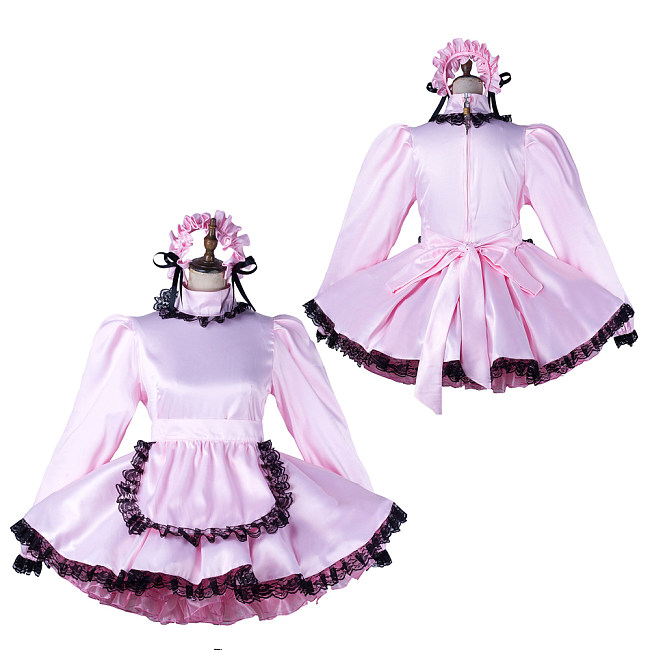 fondcosplay Lockable Satin Pink Sissy Maid Crossdressing Dress with Black Lace and Headpiece [G2197]