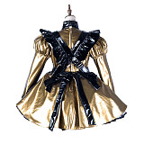 Fondcosplay Black & Gold Thin PVC Lockable Sissy Maid Dress with Apron [G2174]