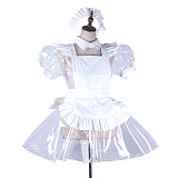 fondcosplay Lockable Clear PVC White Sissy Maid Crossdressing Dress with Apron and Headpiece [G2191]