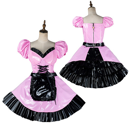 fondcosplay Lockable Thin PVC Pink and Black Sissy Maid Crossdressing Dress with Apron [G2182]