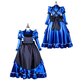 Fondcosplay Lockable Blue Satin Long Sissy Maid Crossdressing Dress with Black Apron [G2162]