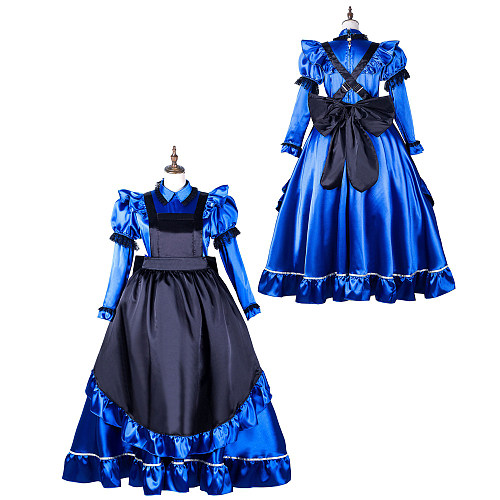 Fondcosplay Lockable Blue Satin Long Sissy Maid Crossdressing Dress with Black Apron [G2162]