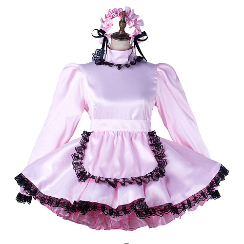fondcosplay Lockable Satin Pink Sissy Maid Crossdressing Dress with Black Lace and Headpiece [G2197]