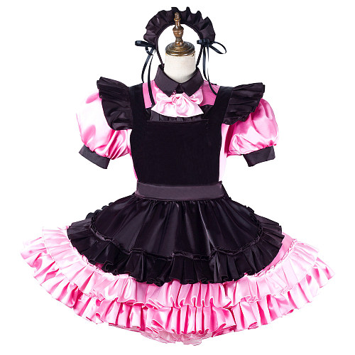 fondcosplay Lockable Satin Pink and Black Sissy Maid Crossdressing Dress with Apron and Headpiece [G2195]
