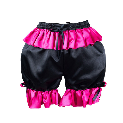 Fondcosplay Satin Black and Pink Ruffled Sissy Maid Bloomers Crossdressing Panties [G2171]