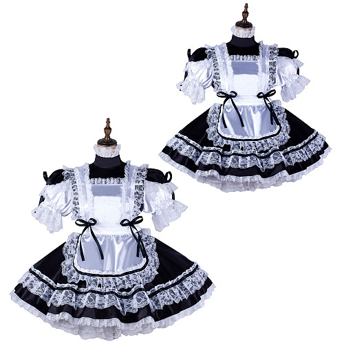 Fondcosplay Lockable Black Satin Sissy Maid Crossdressing Dress with White Lace Apron [G2165]