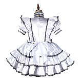 Fondcosplay White Satin Lockable Sissy Maid Dress with Black Lace Trim [G2175]
