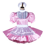 fondcosplay Lockable Satin Pink and White Sissy Maid Crossdressing Dress with Apron and Headpiece [G2198]