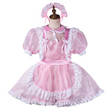 Fondcosplay Lockable Pink Organza Sissy Maid Crossdressing Dress with White Lace Apron [G2168]