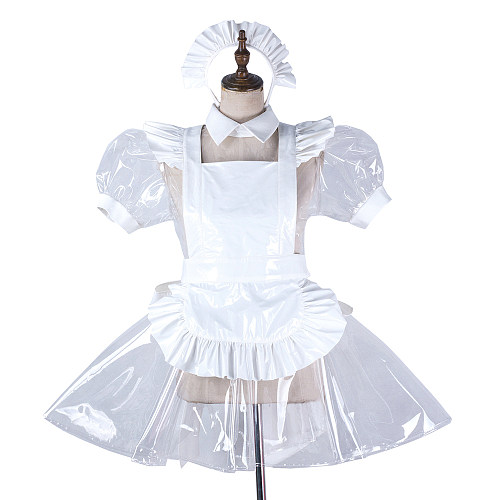 fondcosplay Lockable Clear PVC White Sissy Maid Crossdressing Dress with Apron and Headpiece [G2191]