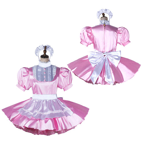 fondcosplay Lockable Satin Pink and White Sissy Maid Crossdressing Dress with Apron and Headpiece [G2198]