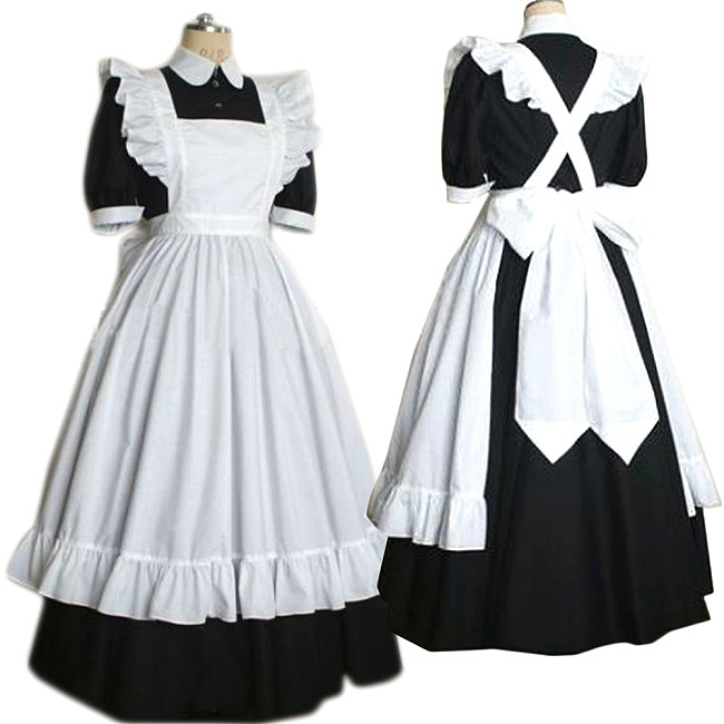 fondcosplay Lockable Cotton Black and White Classic Sissy Maid Crossdressing Long Dress with Apron [G2189]
